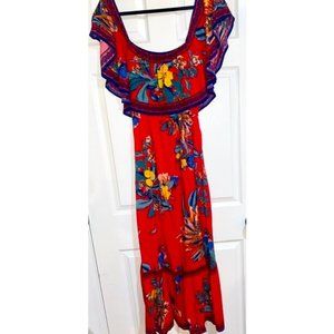 Red Floral Fiesta Off the Shoulder Maxi Dress by Flying Tomato